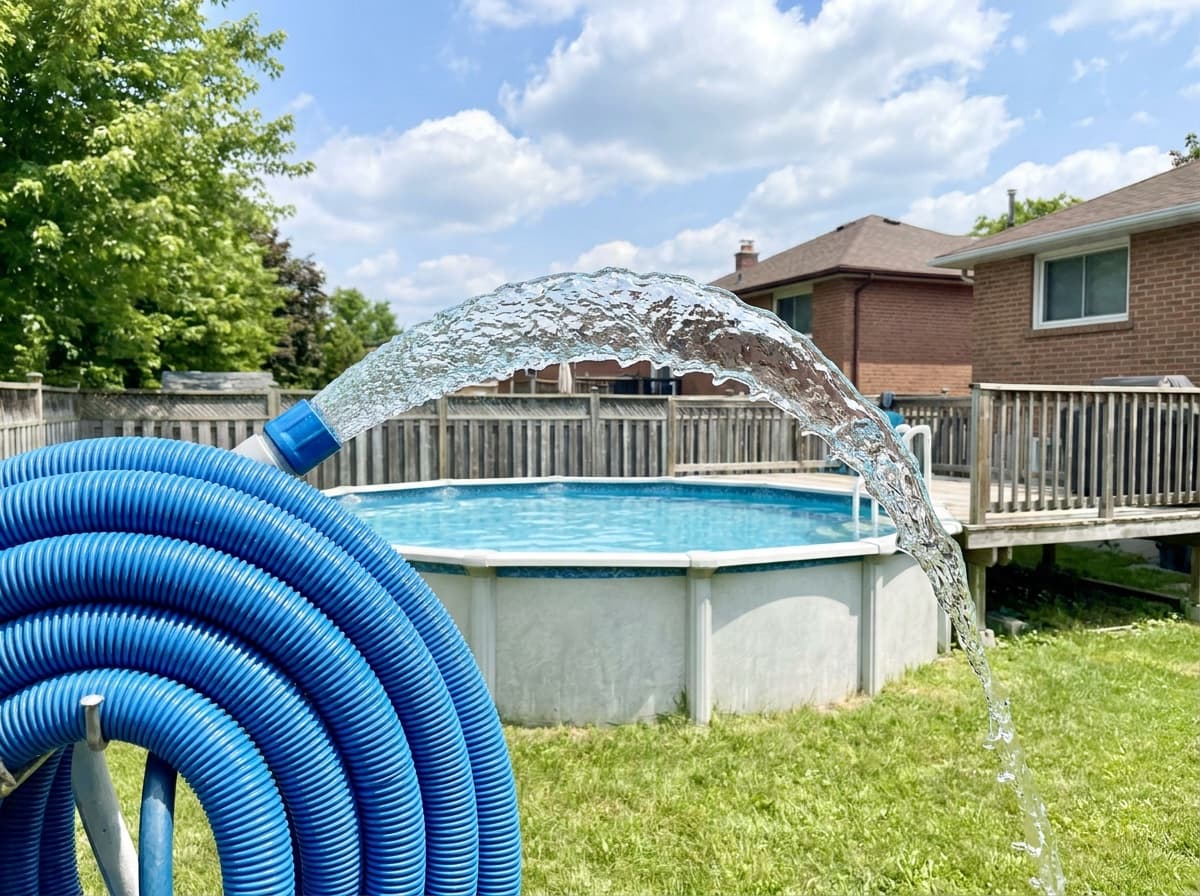 A residential backyard pool being filled with a large blue hose