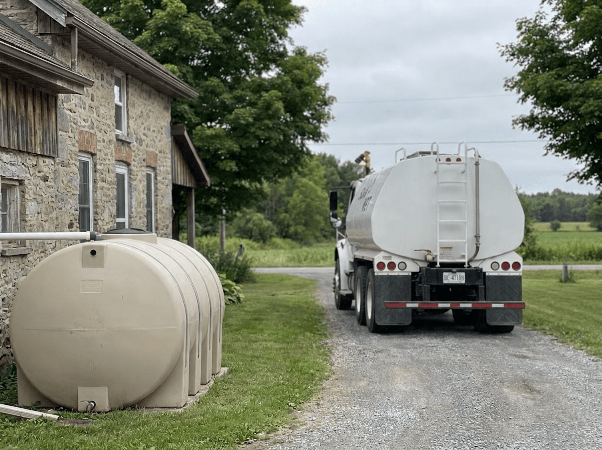A water delivery truck parked at a rural property next to a cistern hookup